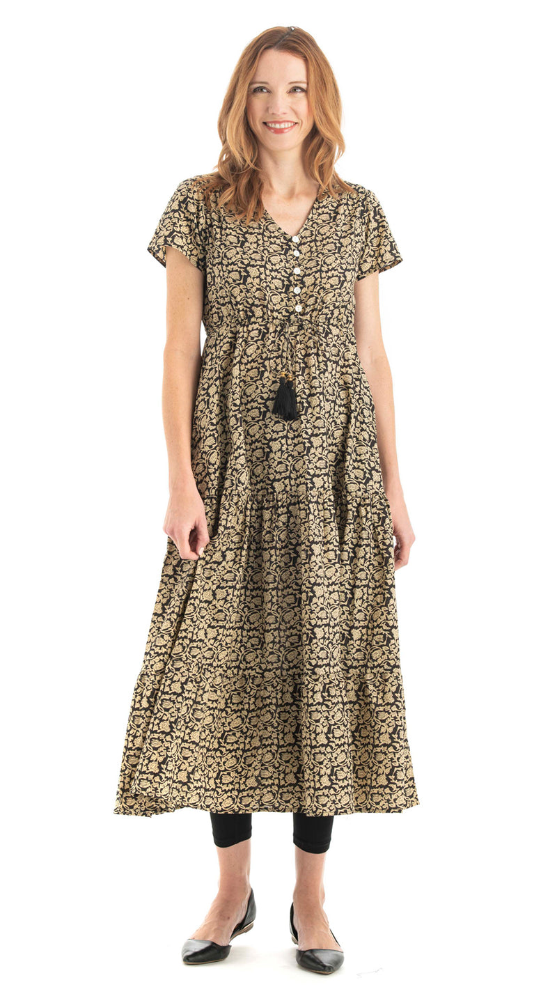 Sunita Dress - gold blockprint - organic cotton
