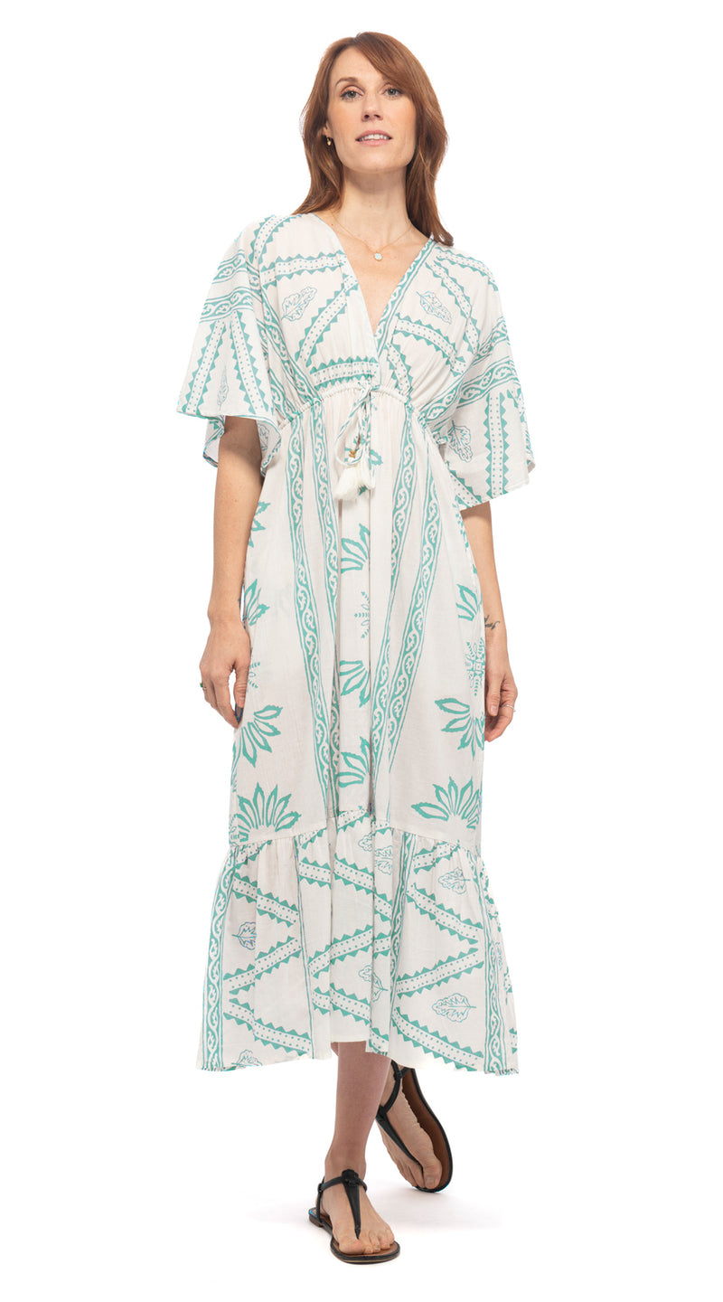 Kimono Dress  - white+turquoise lotus - cotton
