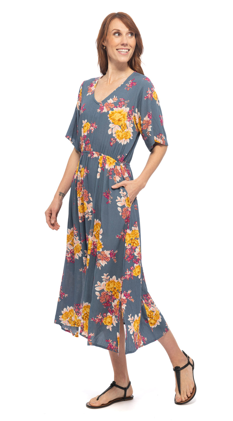 Dakini Dress - steel bouquet - rayon crepe