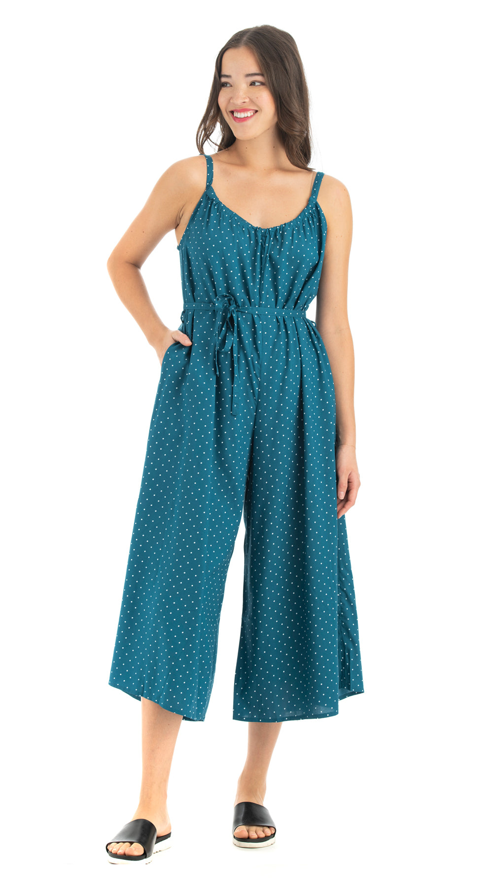 Marley Jumpsuit - teal polka dot - rayon